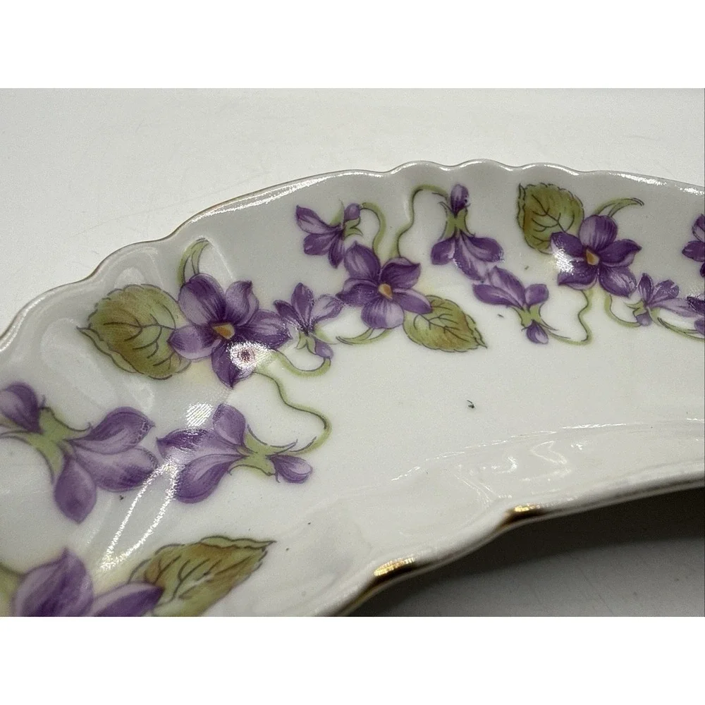 Vintage Crescent Moon Shape Trinket Dish, Purple Gold Floral Made in Germany